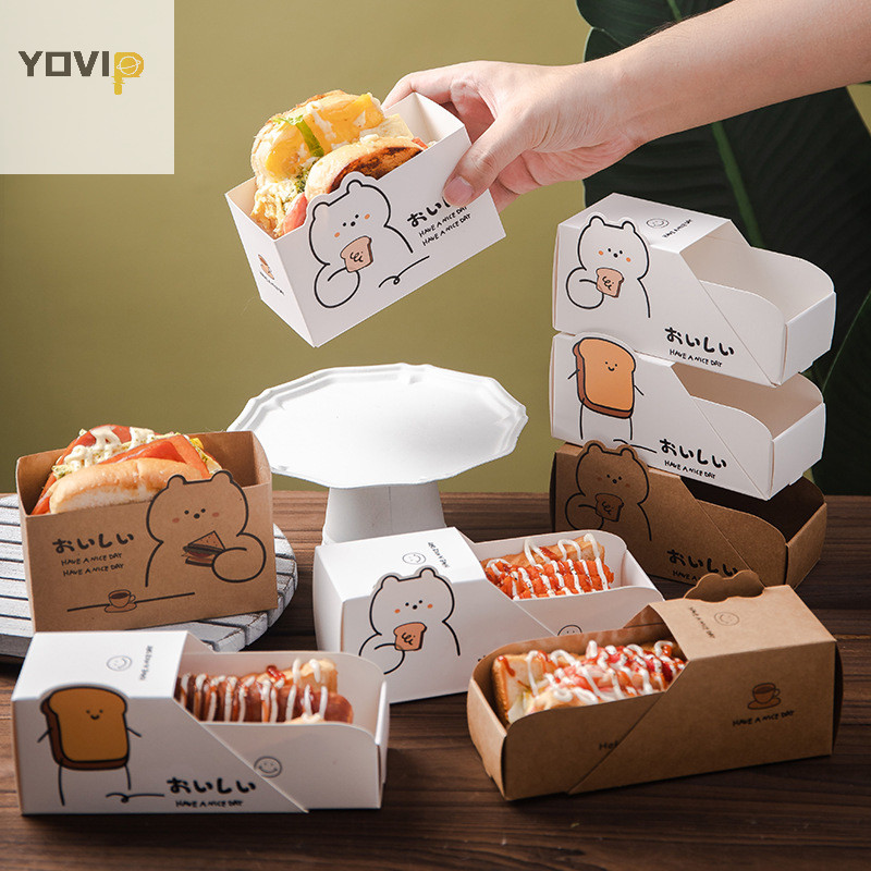 Yovip 10 Chiếc Hoạt Hình Gói Thực Phẩm Hộp Giấy Bánh Mì Nướng Sandwich Burger Bữa Sáng Takeaway Bento Dùng Một Lần Hộp Đóng Gói Nhà Hàng VN