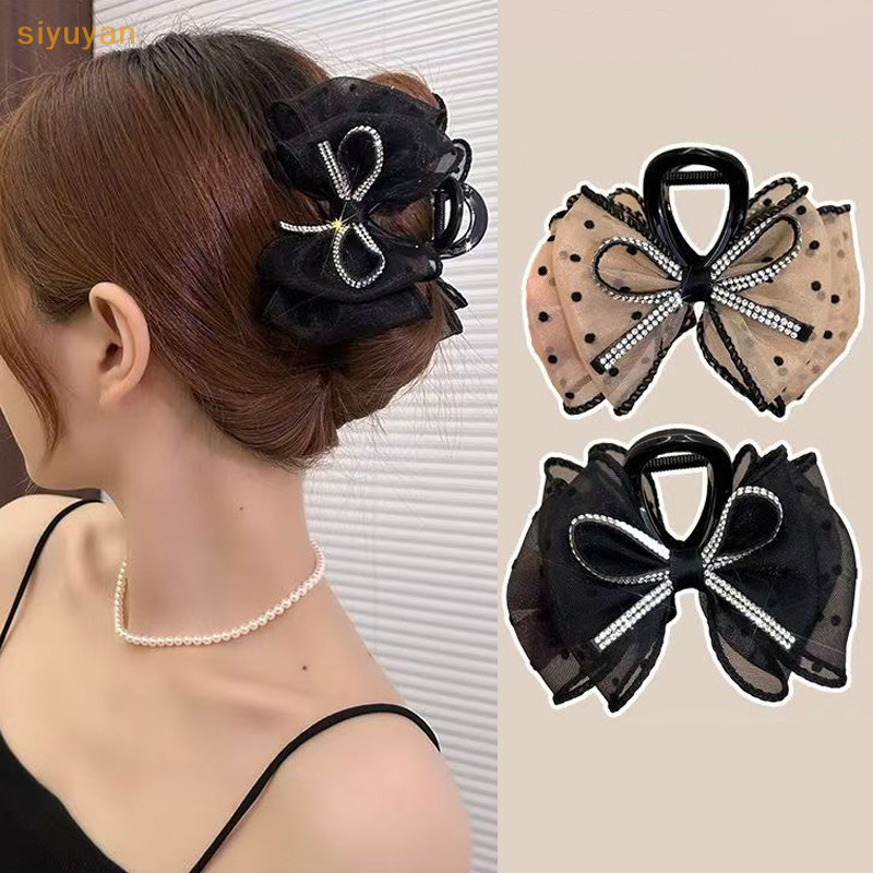 Siyuyan Thanh Lịch Lưới Nơ Kẹp Tóc Nữ Đuôi Ngựa Vuốt Kẹp Lấp Lánh Kim Cương Giả Kẹp Tóc Bé Gái Mũ Đội Đầu Phụ Kiện Tóc Quà Tặng VN