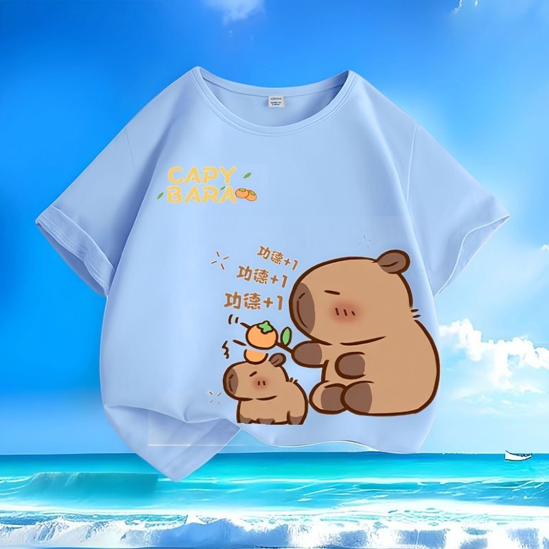Áo thun trẻ em Capybara 2024 đáng yêu cho mùa hè Áo cổ tròn tay ngắn mới