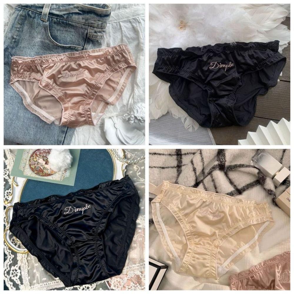 DARON Xù Quần Lót Lụa Satin, Thêu Chữ Giữa Eo Nữ Satin Quần Đùi, Quần Lót Thoải Mái Quần Lót Nữ Đồ Lót Hàng Ngày