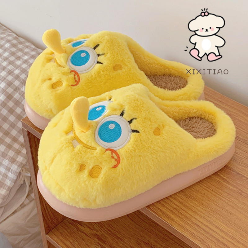 Xixitiao Cotton Dép SpongeBob SquarePants Thu Đông Phong Cách Baotou Lông Cừu Ấm Áp Trong Nhà Mềm Dày-