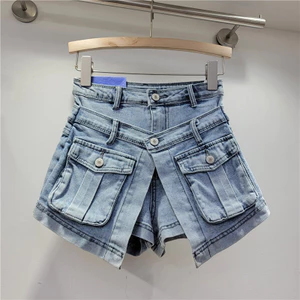 Slim-fit Cao Cấp Giặt Giả Thiết Kế Hai Mảnh Quần Short Denim Nữ Chữ a Quần Ống Rộng Hợp Thời Trang