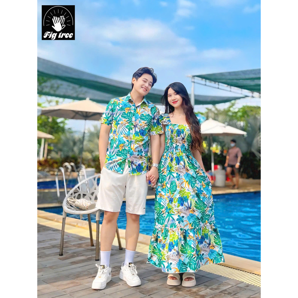 Đồ Đôi  Đi Biển Fig Tree Họa Tiết Hoa Lá Xanh Tươi Mát MS 191- Hàng Thiết Kế