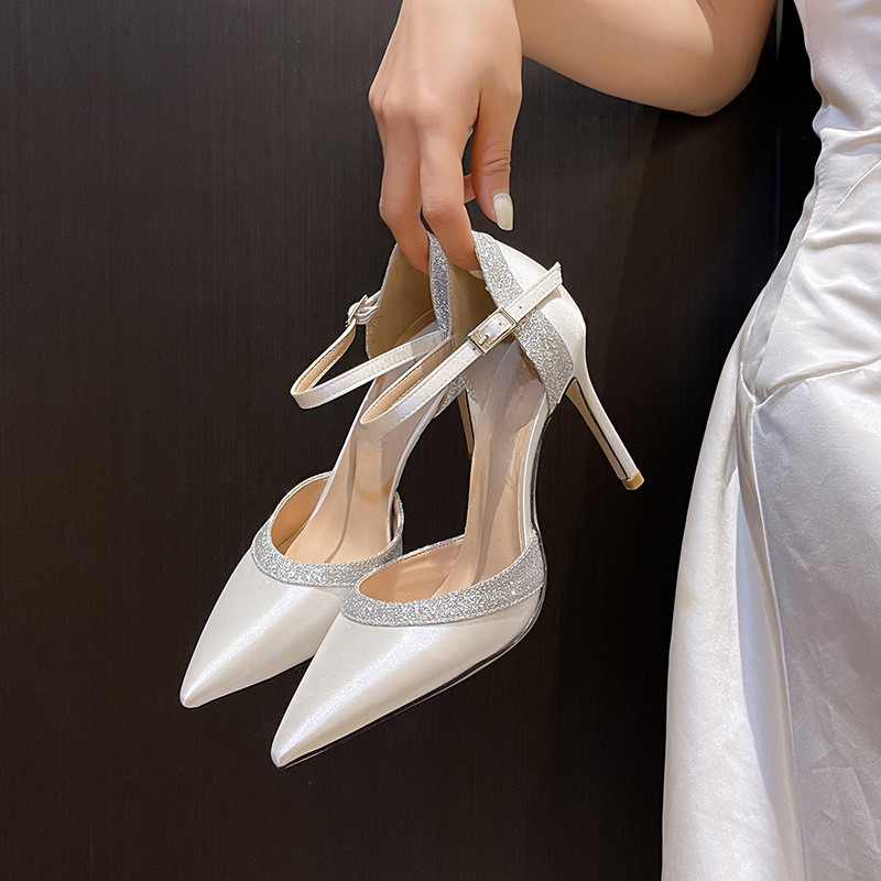Giày Sandal Cao Gót Nữ Âu Mỹ Phong Cách Mới Dây Satin Trắng