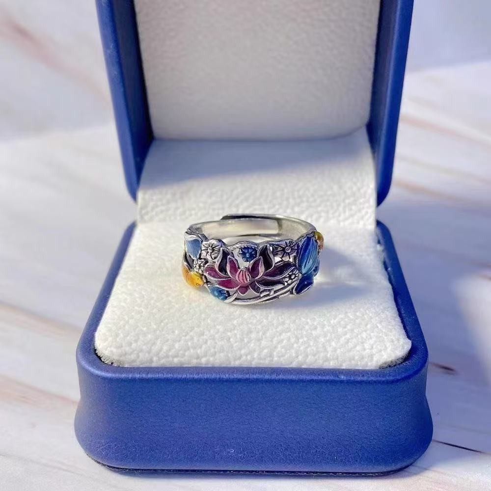 Nhẫn mở phong cách dân tộc bằng bạc sterling xanh men vintage thanh lịch