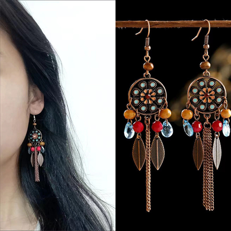 Retro Cá Tính Lá Tua Rua Tai Móc Phong Cách Dân Tộc Mặt Mỏng Dây Xích Bông Tai Bohemian Tất Cả Trận Đấu Được Vận Chuyển Trên Behalf