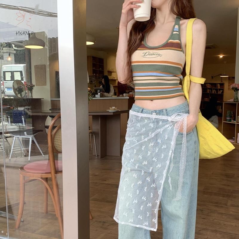 Hnkmp Summer Hot Girls Gợi Cảm Sọc Dây Lưng Không Tay Ôm Dệt Kim Camisole.