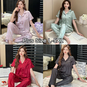 2024 Hàng Mới Sẵn Có Nữ Plus Size L-5XL Lụa Satin Tay Ngắn Bộ Đồ Ngủ Sọc Đồ Ngủ Nữ Bộ Đồ Đồ Đồ Homewear Đồ Bộ Đồ Ngủ