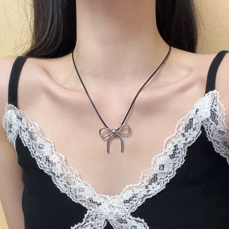 Vòng cổ nơ nữ - Vòng cổ mặt dây chuyền bạc - Dây chuyền xương đòn nơ cho bé gái - Đơn giản, ngọt ngào, tính khí - Dây đeo cổ xương đòn áo len - Trang sức thời trang