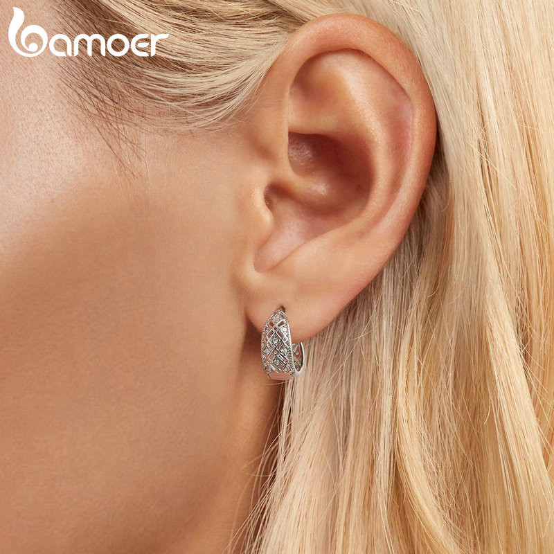 Bamoer 925 Sterling Sliver Vòng Bông Tai Vintage Thiết Kế Ren Trang Sức Quà Tặng Cho Nữ