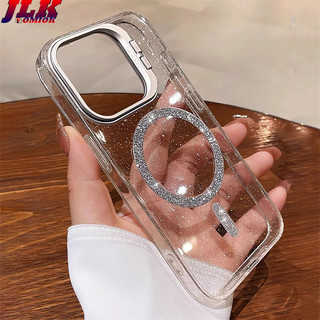 [Jlk] Ốp sạc không dây từ tính lấp lánh Bling cho iPhone 14 13 11 12 15 16 Pro Max Giá đỡ máy ảnh Vỏ cứng Acrylic trong suốt