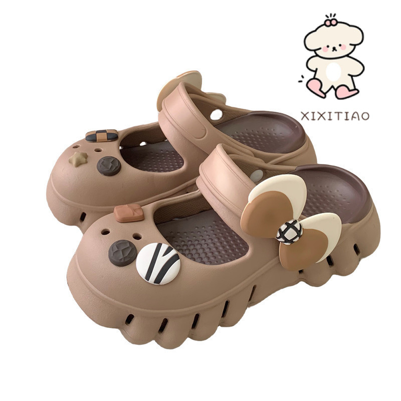 Xixitiao Mùa Hè Retro Nơ Đế Dày Mặc Ngoài 2024 Phong Cách Mới Bé Gái EVA Shit-Steping Cảm Giác Baotou Mary Jane Hole Giày