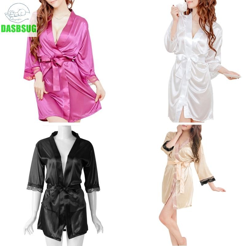 Women's Short Kimono Style V-Neck Bathrobe Plain Dressing Gown Bridal Party Robe