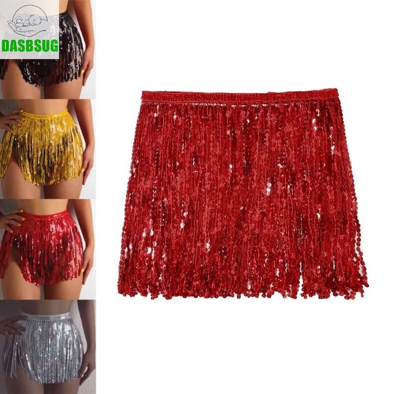 Dasbsug Đi Biển Bụng Váy Co Giãn Eo Kim Sa Lấp Lánh Tua Rua Viền Hông Khăn Mini Váy Rave Đảng Latin Khiêu Vũ Trang Phục Cho