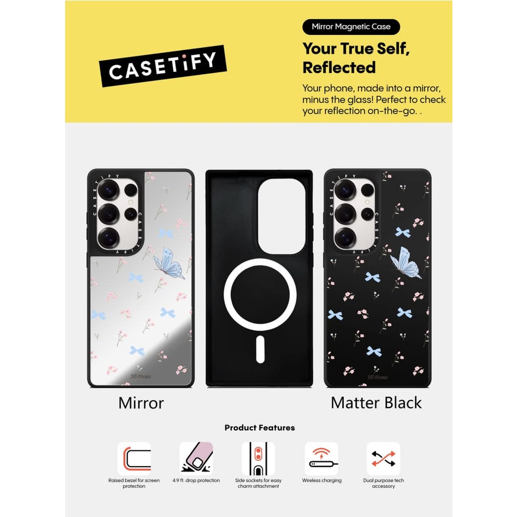 Casetify X Ốp lưng hình con bướm đẹp Matte Black & Sliver Mirror Vỏ hút từ tính Samsung Galaxy S23 S24 S25 Ultra Plus Mặt sau cứng có hộp khắc logo