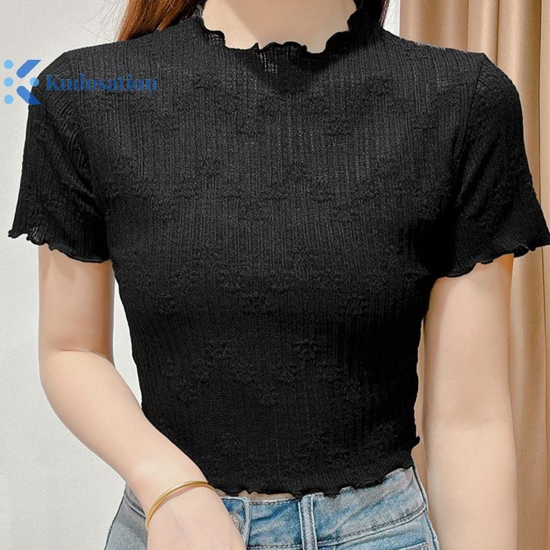 Kudosation Nữ Ngọt Ngào Tay Ngắn Màu Trơn Sang Trọng Mùa Hè Thường Ngày Xù Rỗng Ren Áo Đẹp