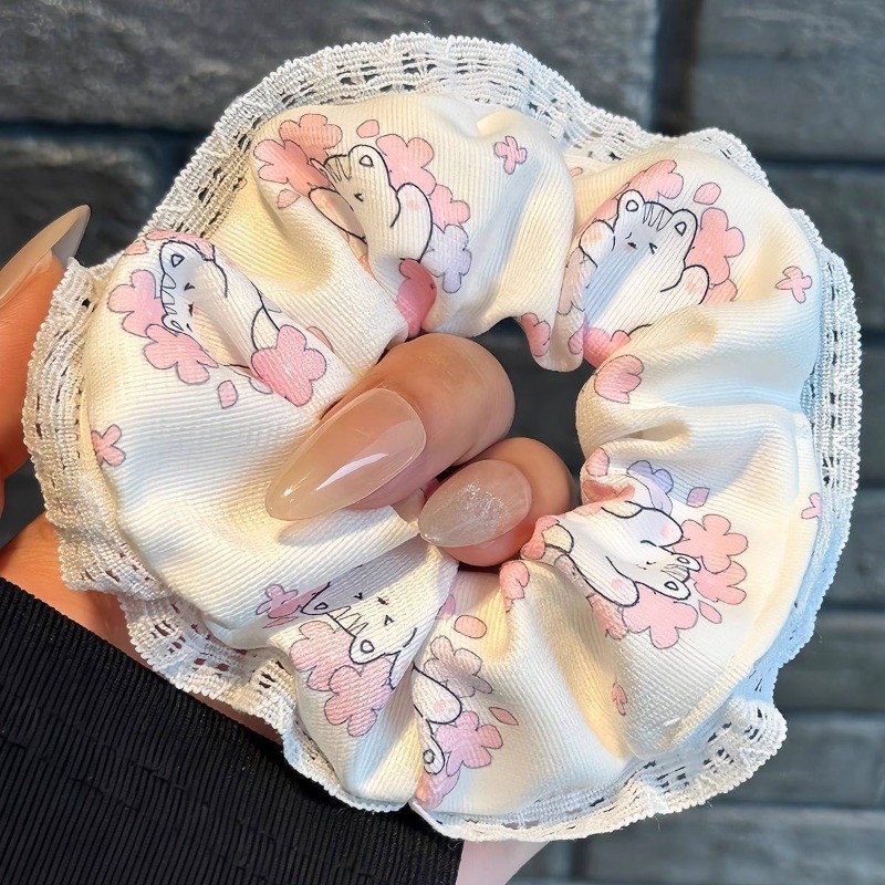 Dây Buộc Tóc Scrunchies Viền Ren Họa Tiết Gấu Mèo Xinh Xắn Phụ Kiện Tóc Cho Nữ Và Bé Gái
