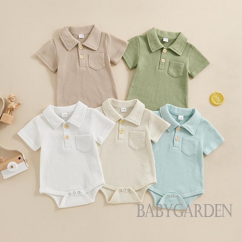 Baga-infant Bé Trai Mùa Hè Áo Liền Quần Sơ Sinh Tay Ngắn Ve Áo Nút Lên Màu Trơn Thường Ngày Body Màu Trơn