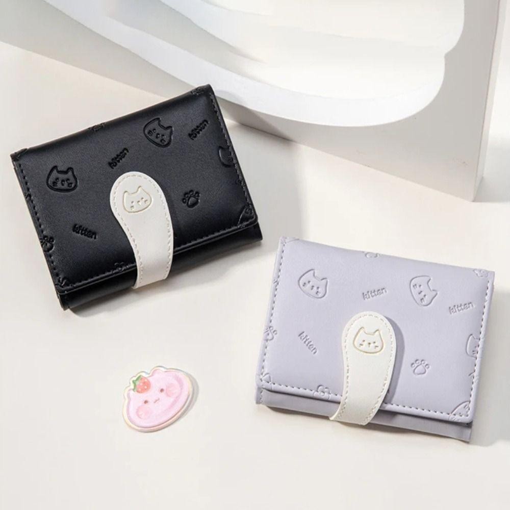 NOTE1 Ví Nhỏ Ngắn Dễ Thương, Túi ID Bé Gái PU Mèo Con In Ví, Ví Đựng Thẻ Khóa Dây Đeo Nữ Túi Đựng Tiền