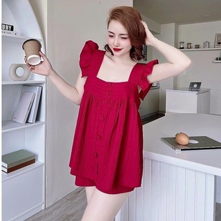 (40-55kg)Bộ đồ ngủ đùi cổ vuông tay cánh tiên nút bọc chất đũi gân cao cấp mềm mát quần đùi áo bèo .