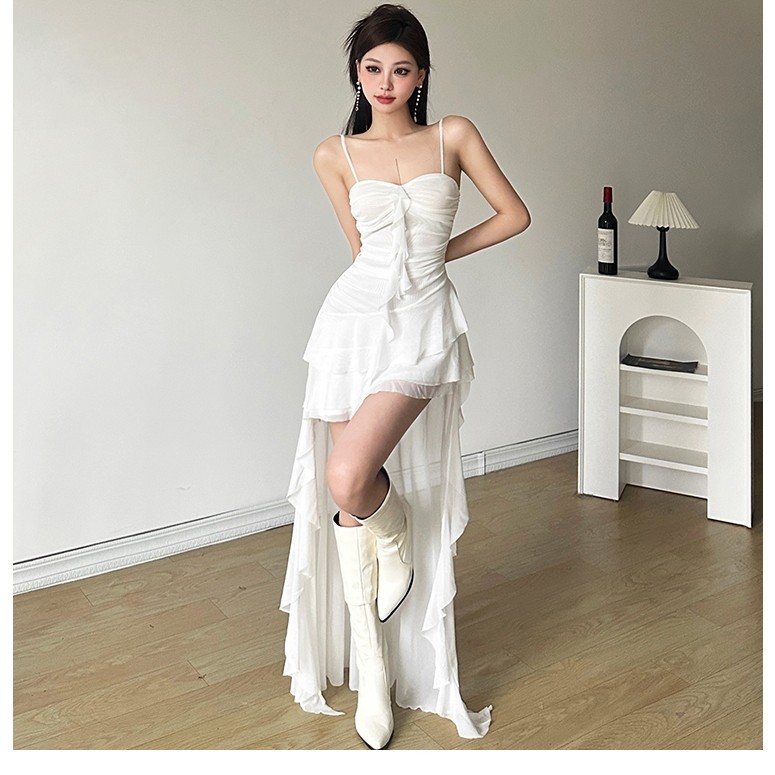 Cutenew Ruffle Edge Lưới Ghép Mini Đầm ôm Thanh Lịch Bất Đối Xứng Slim Fit Đầm Ngắn