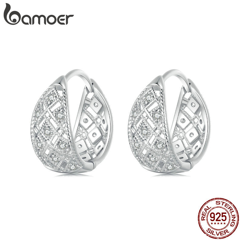 Bamoer 925 Sterling Sliver Vòng Bông Tai Vintage Thiết Kế Ren Trang Sức Quà Tặng Cho Nữ