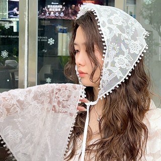 Khăn trùm đầu ren hướng dương - Mũ đội đầu trang trí cho nữ - Dành cho đạo cụ chụp ảnh du lịch - Phong cách múa ba lê, ngọt ngào, họa tiết thêu - Phụ kiện băng đô đi biển mùa hè - Turban tam giác