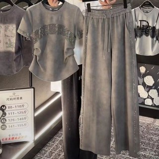Áo Thun Thời Trang Giảm Béo Đa Năng Kim Cương Giả Nóng Cố Định Áo Thun Tay Ngắn Mùa Hè Thiết Kế Mới Sense Top + Quần Phù Hợp Với