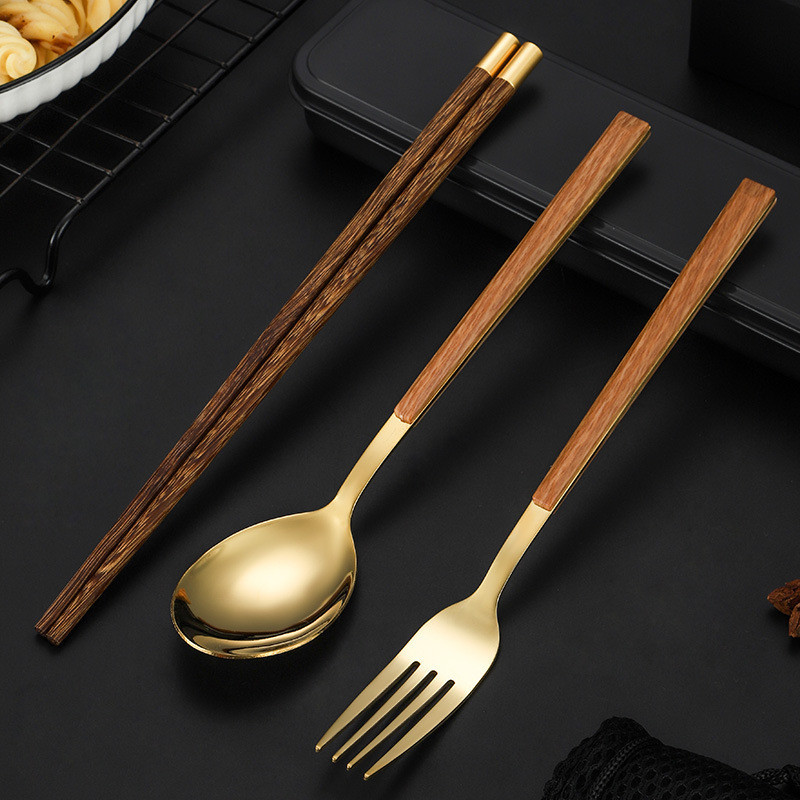 3 / 4 Chiếc Thép Không Gỉ Di Động Bộ Đồ Ăn Phù Hợp Với Giả Hạt Gỗ Spork Đũa Hộp Bảo Quản Bộ Muỗng Bồ Đào Nha Nĩa Đũa Inox Nĩa Thìa Đũa Phù Hợp Với