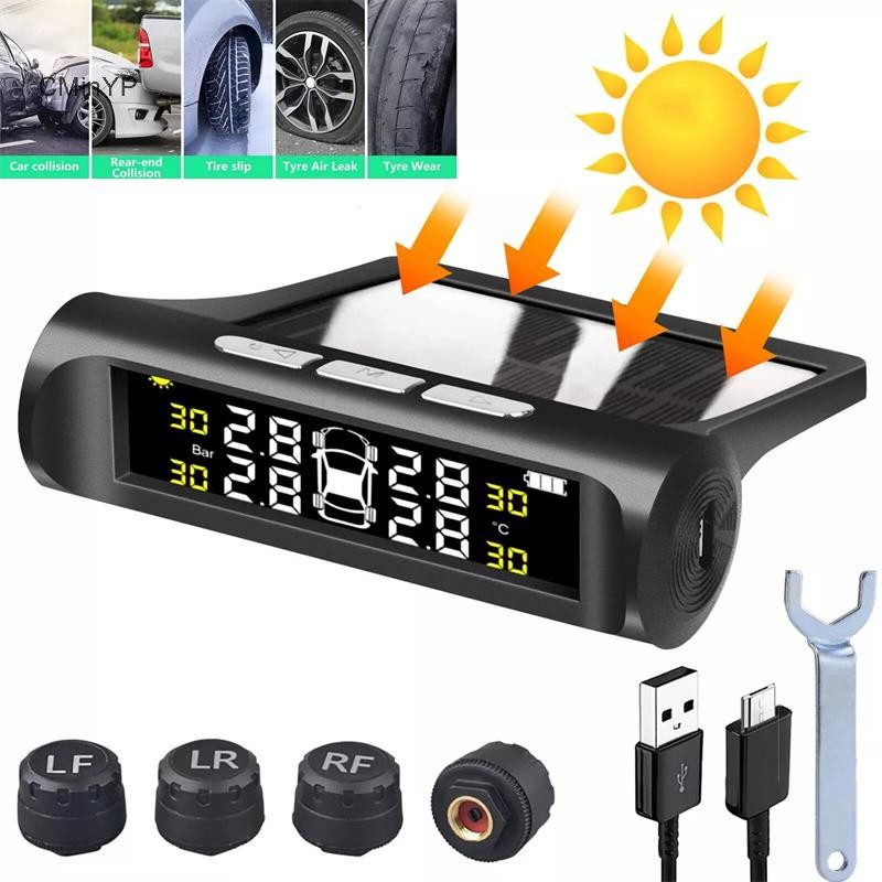 Cminyp 4 Cảm Biến Xe TPMS Hệ Thống Giám Sát Áp Suất Lốp Xe Chạy Bằng Năng Lượng Mặt Trời Màn Hình LCD Kỹ Thuật Số Tự Động An Ninh Báo Động Thử Nghiệm Ô Tô Vinh Quang