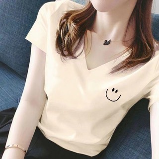 Áo thun ngắn tay màu trắng nữ 2025 Áo thun đeo vai nửa tay cổ chữ V cao cấp mùa hè dáng rộng cỡ lớn hàng đầu