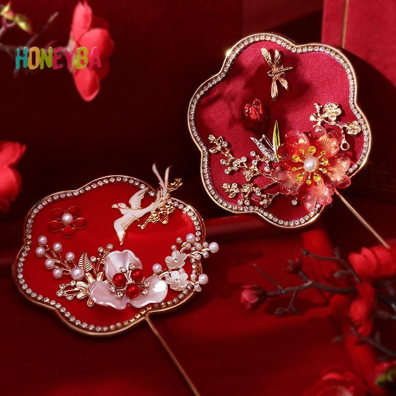< Honeyba > Quạt Chúc May Mắn Retro Trung Quốc Đám Cưới Quạt Hoa Cầm Tay Có Dép Cổ Tinh Tế Mặt Dây Chuyền Quà Tặng