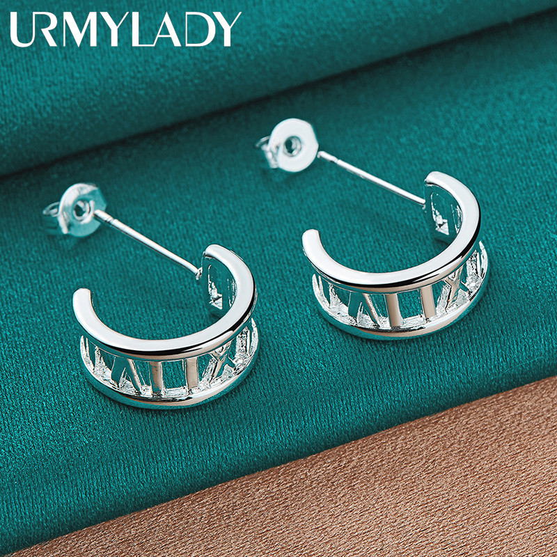 URMYLADY Bạc 925 Hình Bán Nguyệt La Mã Số Bông Tai Dành Cho Nữ Thời Trang Charm Stud Trang Sức