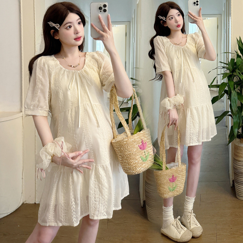 Váy bà bầu thời trang mùa hè Phong cách mới thêu ren cho bà bầu