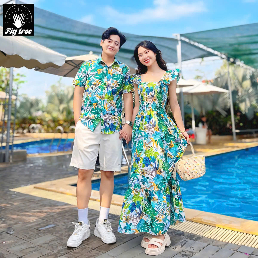 Đồ Đôi  Đi Biển Fig Tree Họa Tiết Hoa Lá Xanh Tươi Mát MS 191- Hàng Thiết Kế