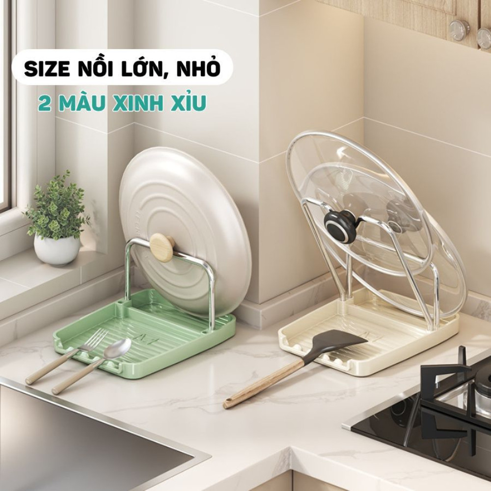 Kệ Để Nắp Nồi Khung Thép Kèm Khay Hứng Nước, Giá Để Vung Xoong Nồi Chịu Lực Để Bàn Đa Năng