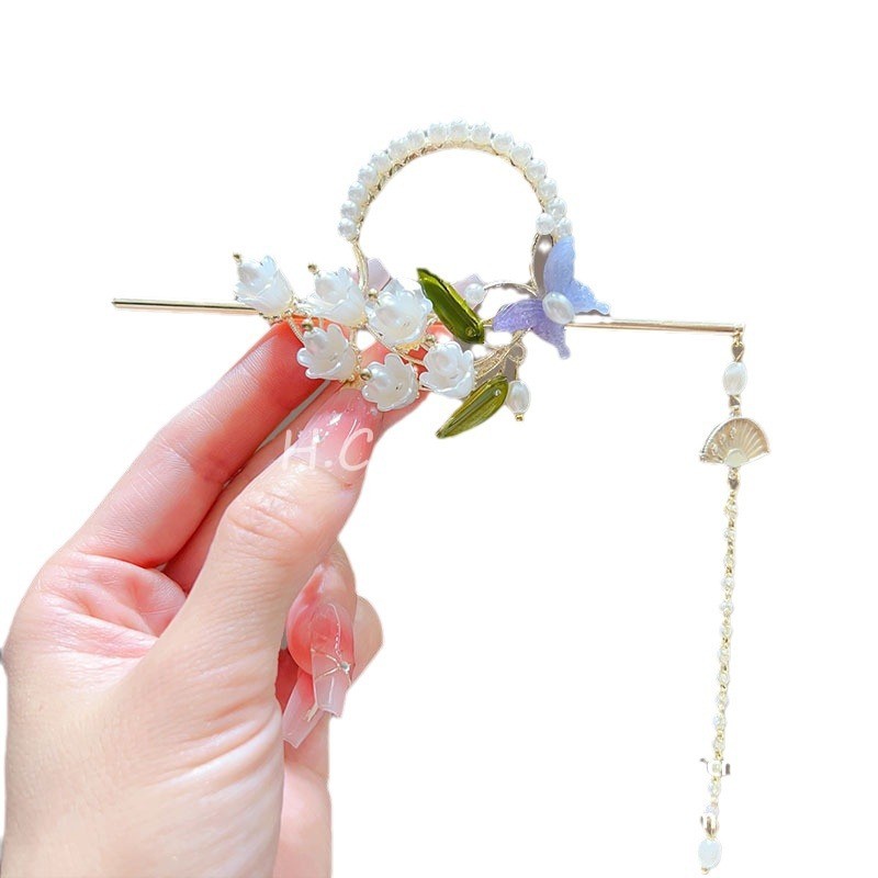 [Hàng có sẵn phong cách mới] Kẹp tóc tua rua Lily of the Valley Phong cách Trung Quốc Hanfu Sườn xám Bước lắc tua rua Kẹp tóc tính khí siêu cổ tích