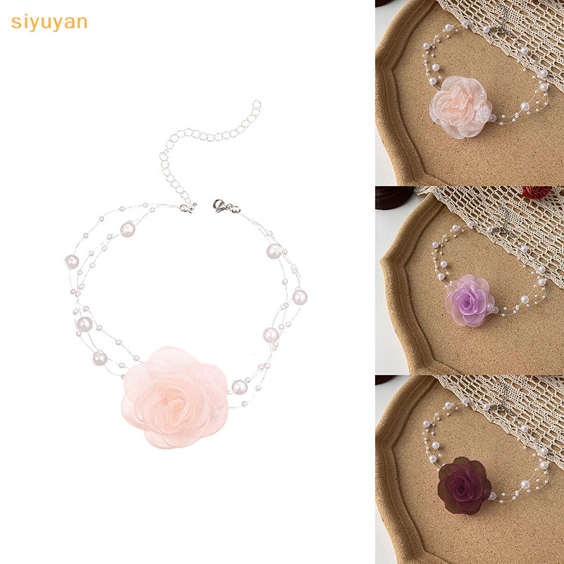 Siyuyan Ngọc Trai Lãng Mạn Choker Camellia Vòng Cổ Mùa Hè Xương Đòn Dây Xích Với Vải Hoa Ngọc Trai Cho Nữ Bữa Tối Trang Sức VN