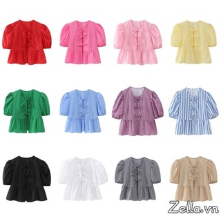 Áo thun nữ mùa hè phong cách ngọt ngào Áo thun ngắn tay cổ tròn buộc dây phía trước Peplum Áo dạo