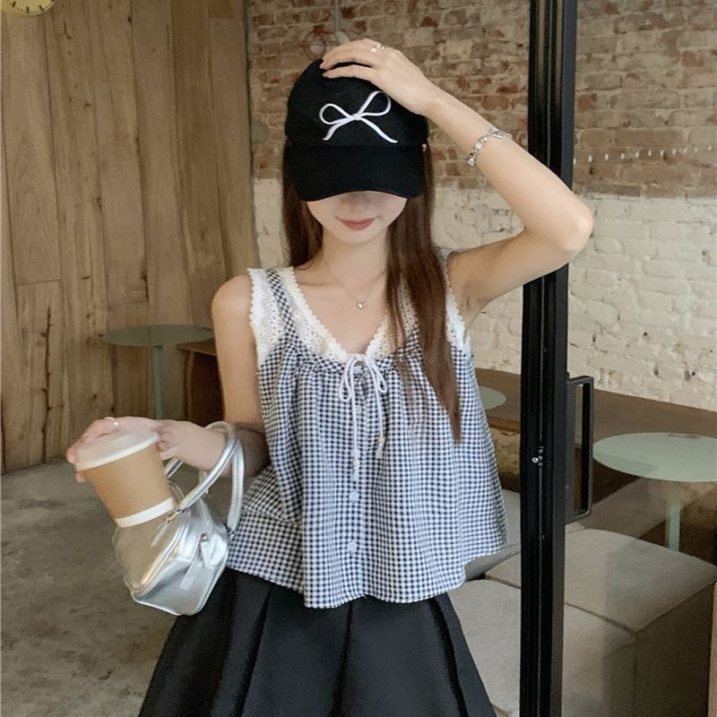 Milyfashion Nhỏ Tất Cả Trận Đấu Sang Trọng Ren Khâu Phối Ren Kẻ Sọc Không Tay Áo Nữ Mùa Hè Phong Cách Mới Rời Top
