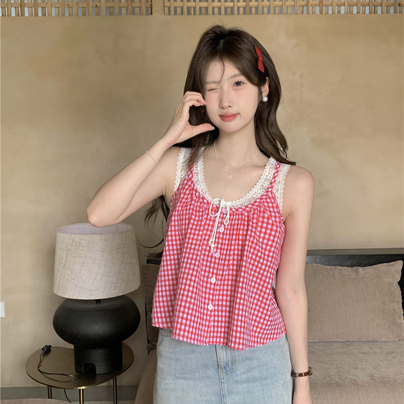Milyfashion Nhỏ Tất Cả Trận Đấu Sang Trọng Ren Khâu Phối Ren Kẻ Sọc Không Tay Áo Nữ Mùa Hè Phong Cách Mới Rời Top