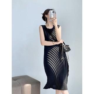 Lợi ích mới!Miyake Xếp Ly Mỏng Hơn Nhìn Kích Thước Lớn gợn Nước Hàng Năm Nhẫn Cong Đầm Bất Đối Xứng Cao Cấp Không Tay Dài Tính Khí Ele