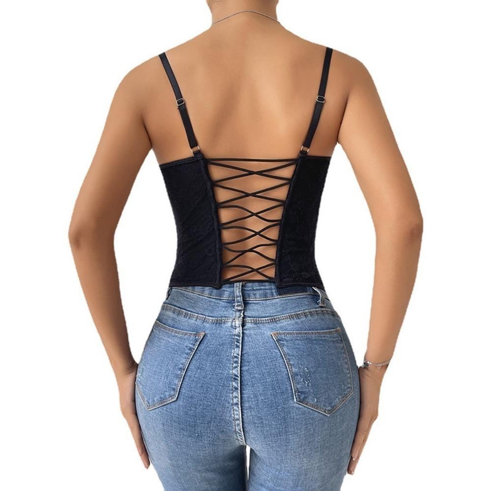 Wanyedi Áo thường ngày mùa hè, Áo Corset xương cá gợi cảm ren co thắt bụng, Áo crop Top màu trơn