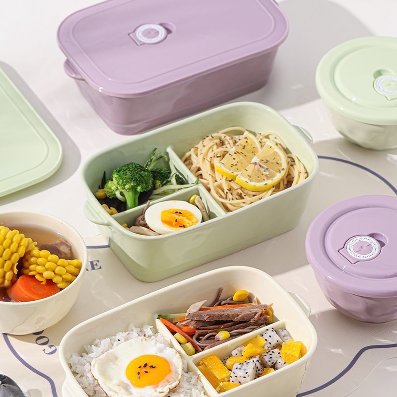 Hộp cơm gốm 3 ngăn có nắp kín, cách nhiệt, kèm bát, dùng cho bữa trưa