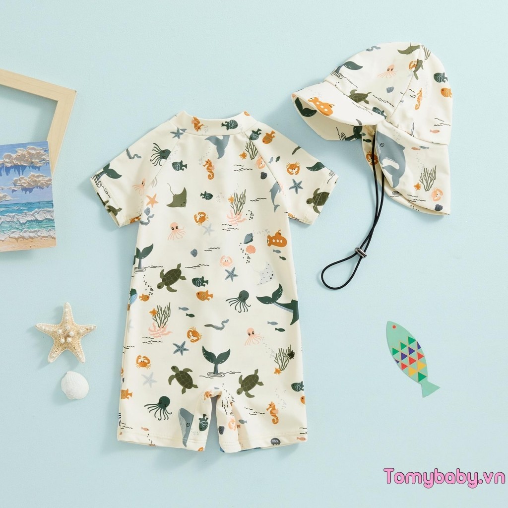 Đồ Bơi Bé Trai Chống Nắng Tay Ngắn Cổ Tròn In Hình Động Vật Dây Kéo Đồ Bơi + Mũ