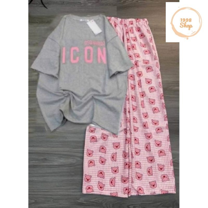 Tổng họp Sét Bộ Quần Ống Suông heo Hồng + kèm áo Phông ICON xám form rộng chất cotton