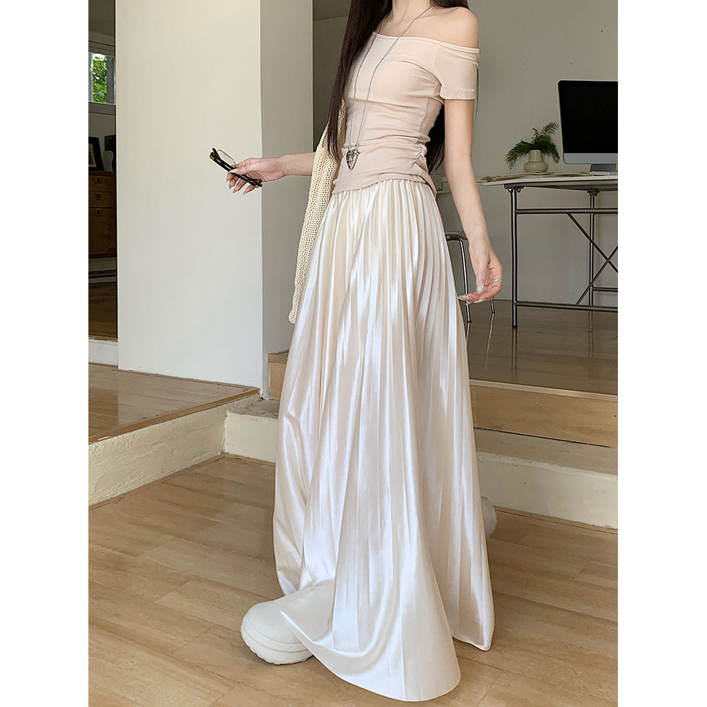 SUXI Tính khí mùa xuân Thiết kế nhẹ nhàng Drape Váy dài nữ cạp cao 250228