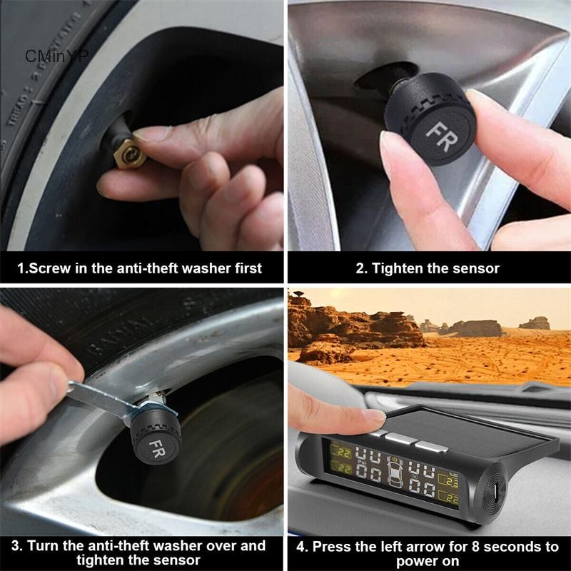 Cminyp 4 Cảm Biến Xe TPMS Hệ Thống Giám Sát Áp Suất Lốp Xe Chạy Bằng Năng Lượng Mặt Trời Màn Hình LCD Kỹ Thuật Số Tự Động An Ninh Báo Động Thử Nghiệm Ô Tô Vinh Quang