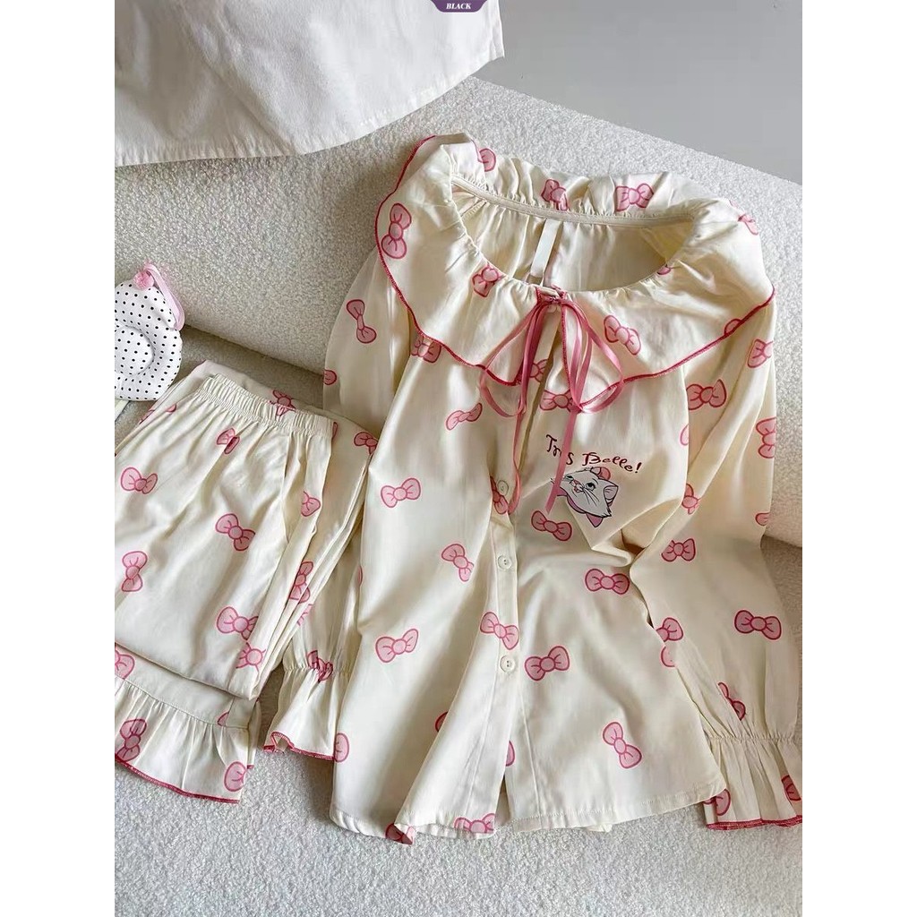 Bộ đồ ngủ cổ búp bê nơ ngọt ngào Bộ đồ ngủ nữ xuân thu Quần dài tay mới Bộ đồ mặc nhà [BL]