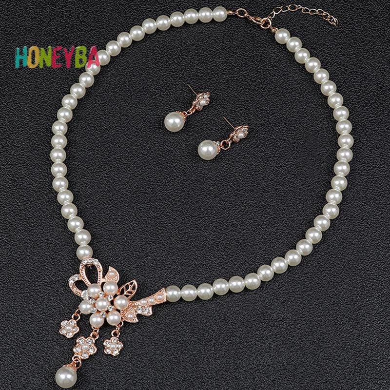 < Honeyba > 1 Bộ Vòng Cổ Nữ Đính Hạt Bóng Ngọc Trai Giả Kim Cương Giả Nhúng Vòng Cổ Hoa Bông Tai Bộ